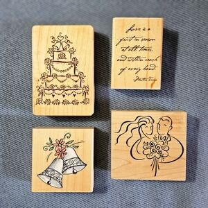Wedding themed rubber stamps, lot of 4 wooden based stamps